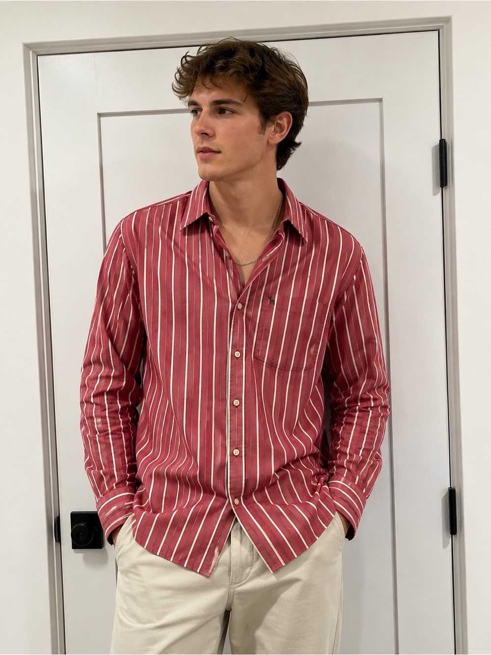 Vintage Abercrombie & Fitch Red and White Stripe Button-Down Shirt - XXL